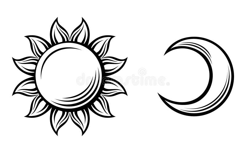 Black silhouettes of the sun and the moon. Vector stock illustration
