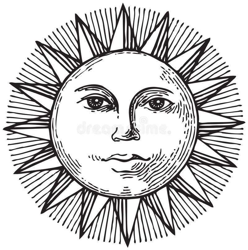 Black and white hand drawn sun with face stock illustration