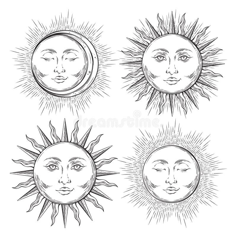 Boho chic flash tattoo design hand drawn art sun and crescent moon set. stock illustration