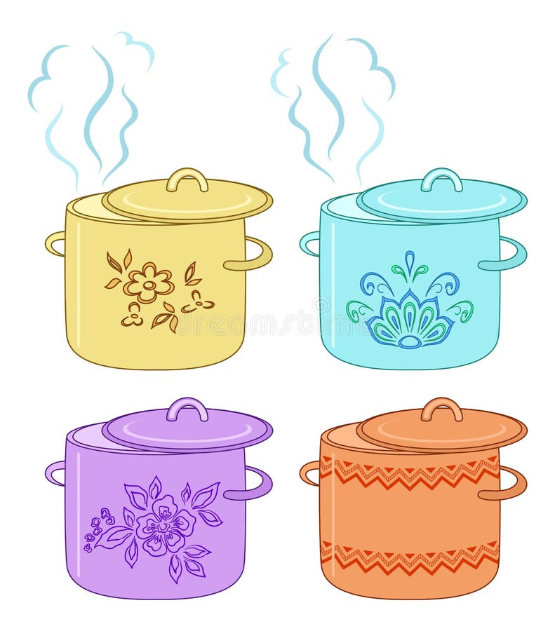 Boiling pan with pattern, set. Boiling pan with flower pattern, cover and steam, set stock illustration