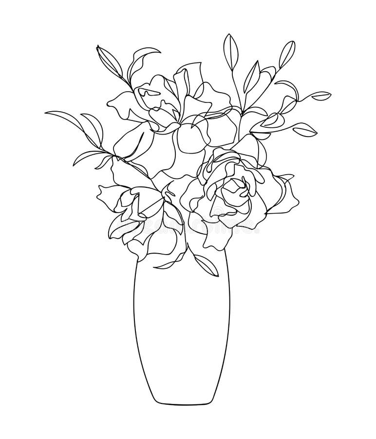 Bouquet flowers in vase black lines isolated on white background. royalty free illustration