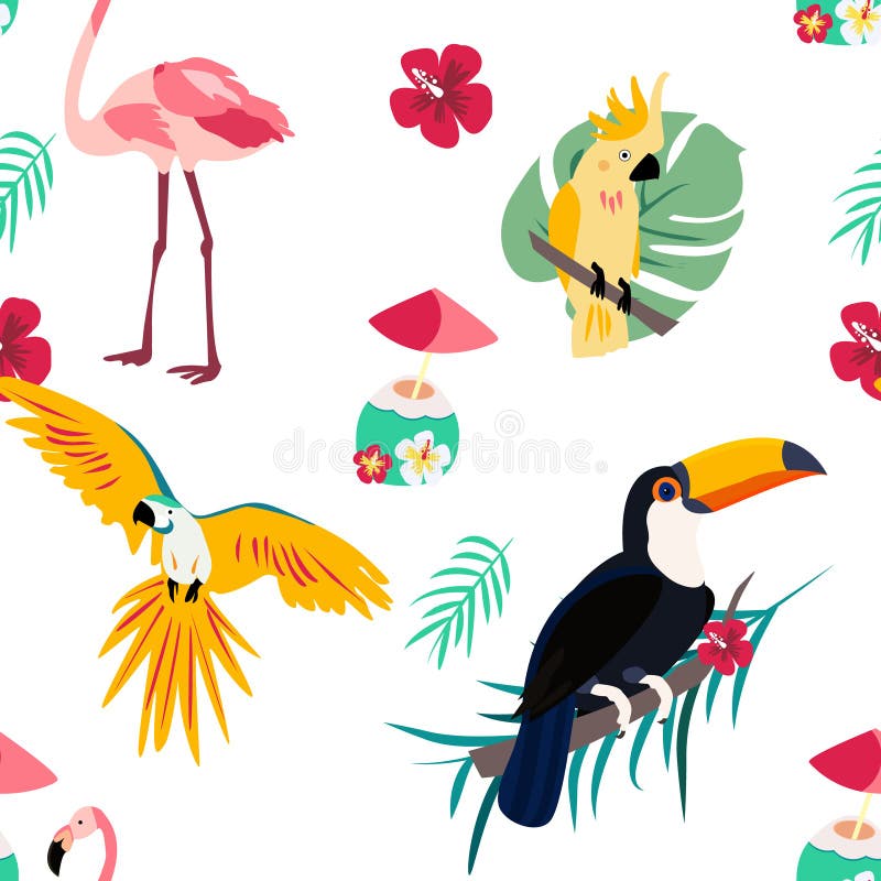 Bright pattern with toucan, parrot, flamingo and cocktail. Can be used for wrapping, envelope paper, textile. Bright pattern with toucan, flamingo, parrot and stock illustration