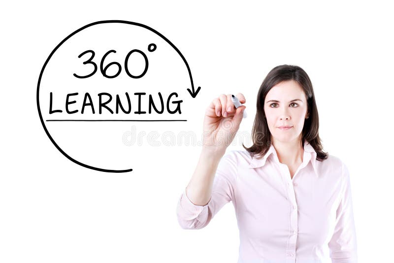 Businesswoman drawing a 360 degrees Learning concept on the virtual screen. Businesswoman drawing a 360 degrees Learning concept on the virtual screen royalty free stock photography