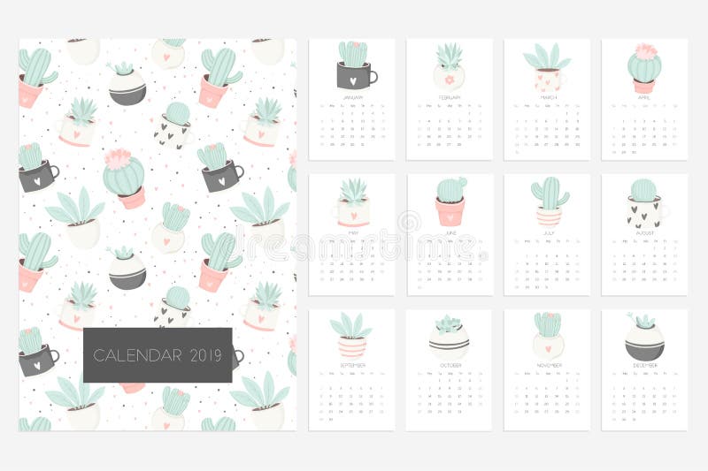 Calendar 2019. Fun and cute calendar with hand drawn succulents and cactus plants royalty free illustration