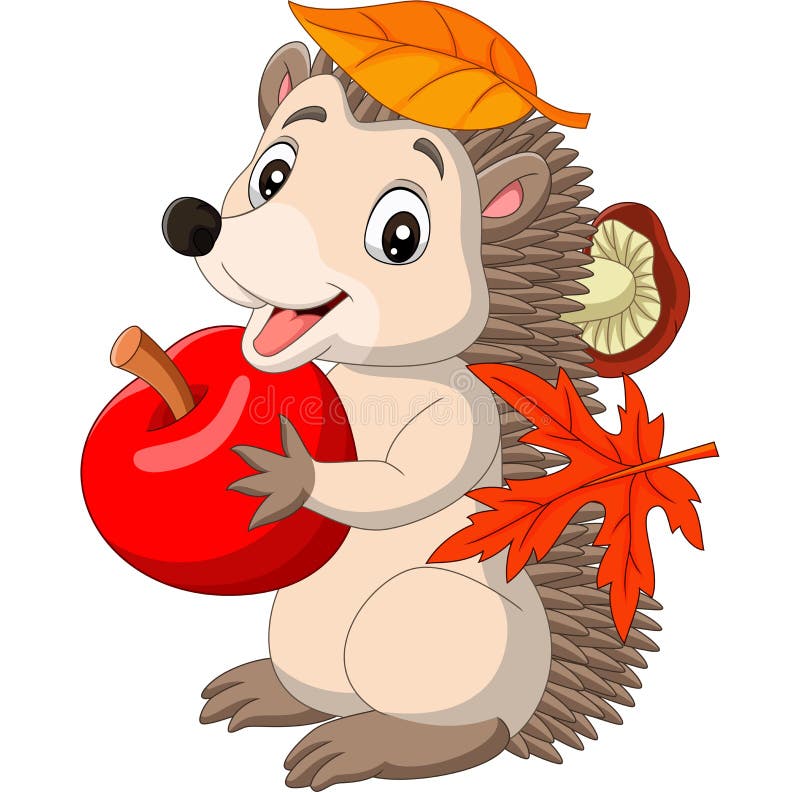 Cartoon baby hedgehog with red apple, autumn leaves and mushroom. Illustration of Cartoon baby hedgehog with red apple, autumn leaves and mushroom vector illustration