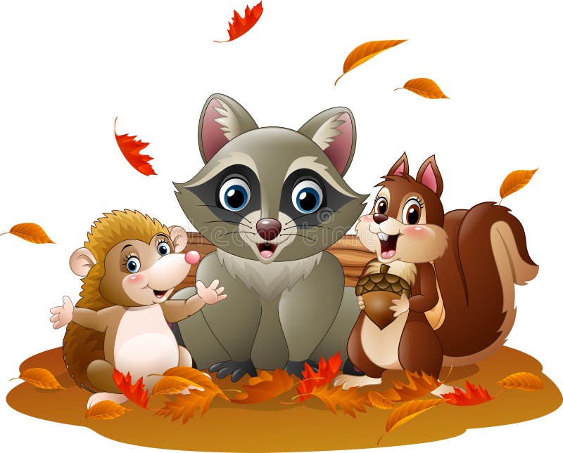 Cartoon funny raccoon, hedgehog and squirrel in the autumn weather. Illustration of Cartoon funny raccoon, hedgehog and squirrel in the autumn weather vector illustration