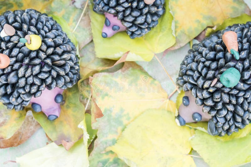 Children crafts little hedgehog. Children hand-made from sunflower seeds - three small hedgehogs with fruit on the back on yellow leaves stock photography