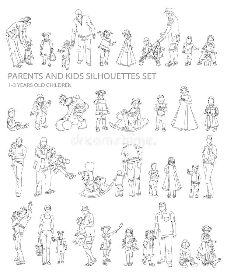 Children and parents silhouettes,. Sketch collection royalty free illustration