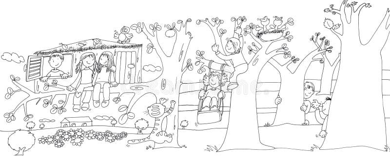 Children in the pond with frogs,sketches and pencil sketches and doodles. Children playing hide and seek behind the trees and the house on the tree illustration stock illustration