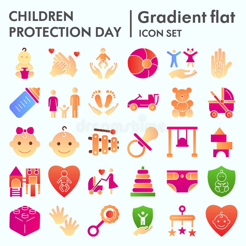 Children protection day flat icon set, baby stuff symbols collection, vector sketches, logo illustrations, kids care. Signs, gradient pictograms package royalty free illustration