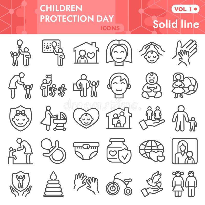 Children protection day line icon set, Child care symbols set collection vector sketches. 1st June holiday signs set for. Web, linear pictogram style package royalty free illustration