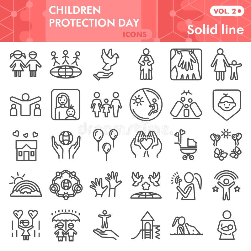 Children protection day line icon set, Child safety symbols set collection vector sketches. Kids care signs set for. Computer web, linear pictogram style royalty free illustration