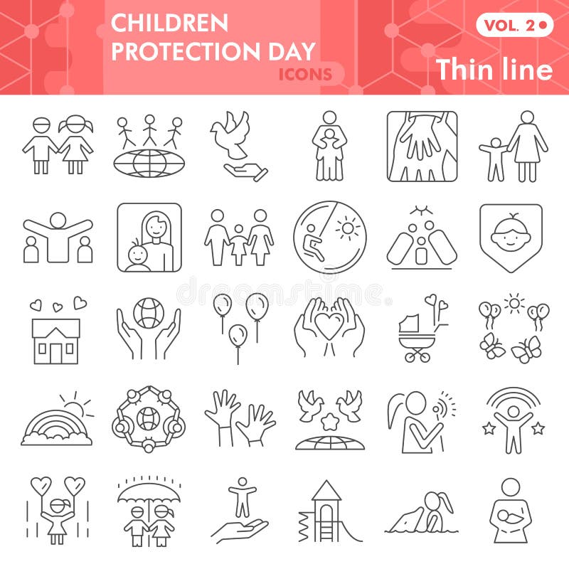 Children protection day thin line icon set, Child safety symbols set collection vector sketches. Kids care signs set for. Computer web, linear pictogram package vector illustration