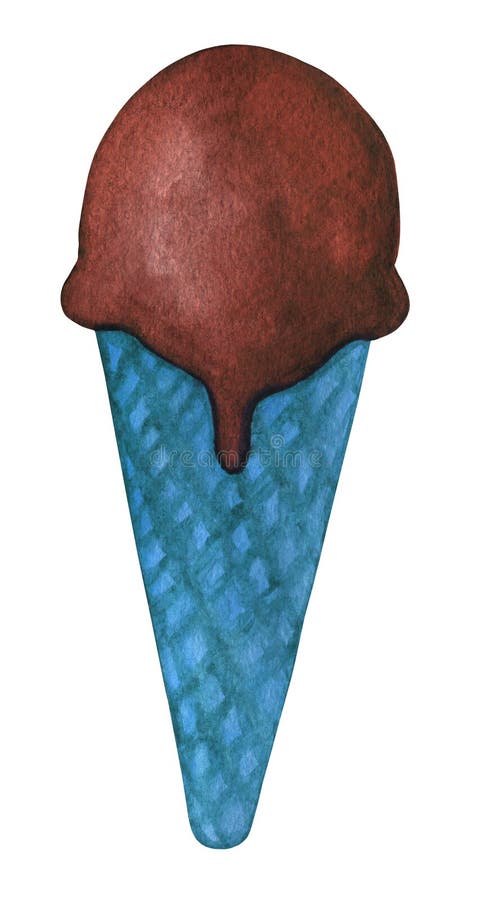 Chocolate ice cream with blue crispy waffle cone. Watercolor food illustration isolated on white. Design for fabric, wallpaper,. Menu, packaging, print vector illustration