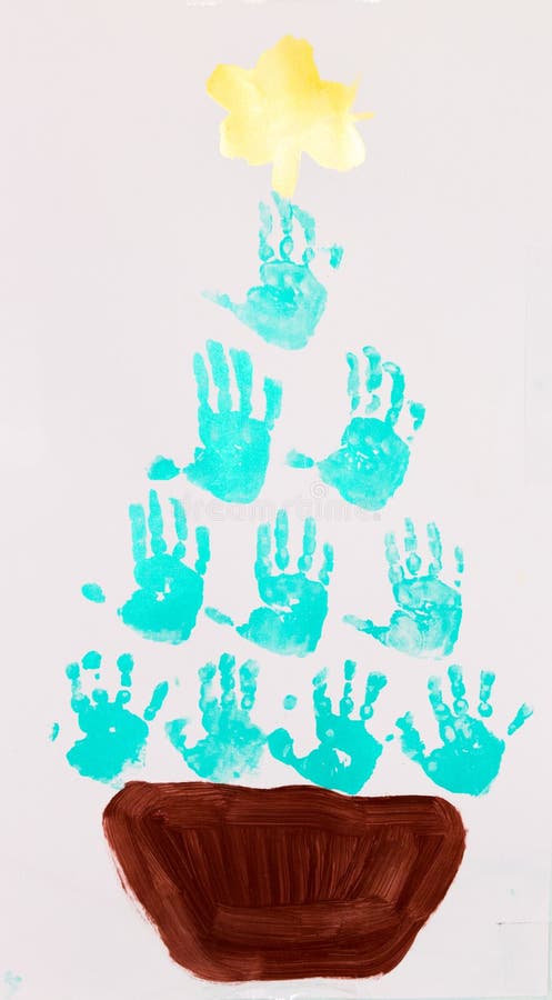 Christmas tree painted with children`s handprints in colorful paint.  vector illustration