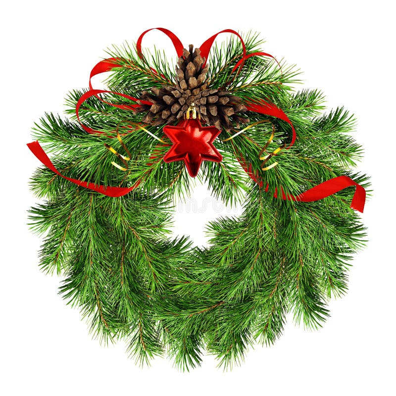 Christmas wreath with pine twigs, cones and red silk ribbon bow royalty free stock image