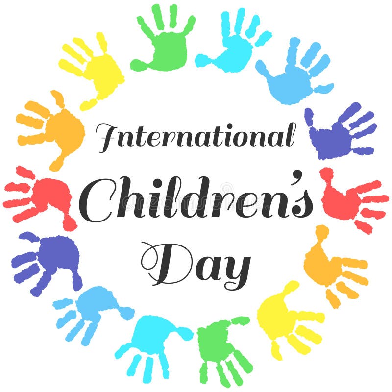 A circle of handprints with a text inside International Children`s Day. Icon of colored prints of kid`s hands on the Happy Childre. N`s Day. A template to create vector illustration