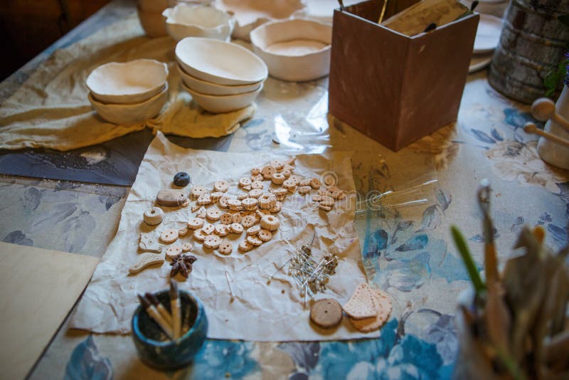 Clay blanks for children`s creativity at the master class in eco-Park. Layout on the table. Golitsyno, Kaluga, Russia-may 18, 2019. Clay blanks for children`s stock images