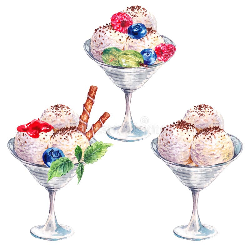 Collection watercolor balls of ice cream sundae. Collection of watercolor balls of ice cream sundae with berries, jam and chocolate, summer food illustrations royalty free stock photos