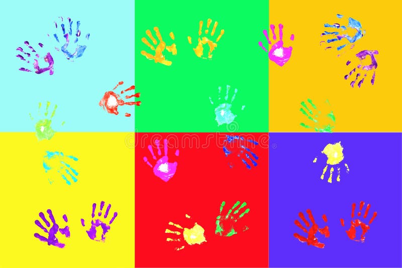 Colorful handprints by kids. Colorful handprints actually handpainted by children on colorful bold colored blocks royalty free illustration
