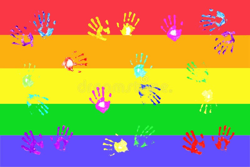 Colorful handprints by kids. Colorful handprints actually handpainted by children on colorful bold colored horizontal stripes royalty free illustration