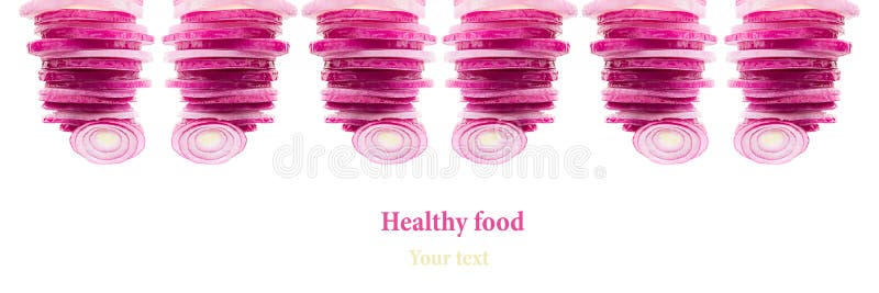 Composition of chopped pink onion. Border of pyramids pink onion. Frame with copy space. Concept art. Pattern. Food background stock photography