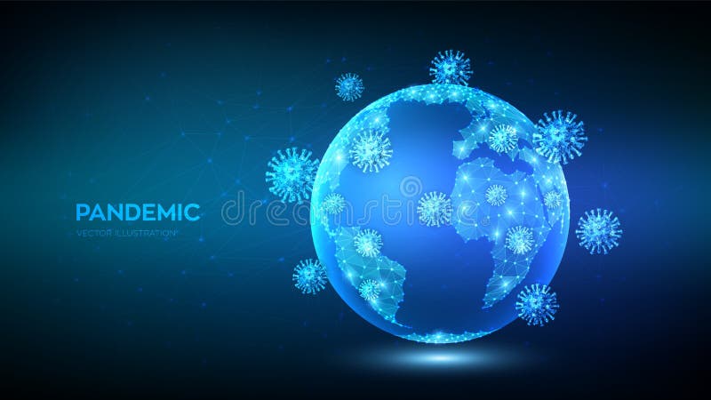 COVID-19 Pandemic concept. Coronavirus 2019-nCoV virus attack on Earth globe. Abstract low polygonal planet Earth and virus cells. Viruses, bacteria, microbes stock illustration