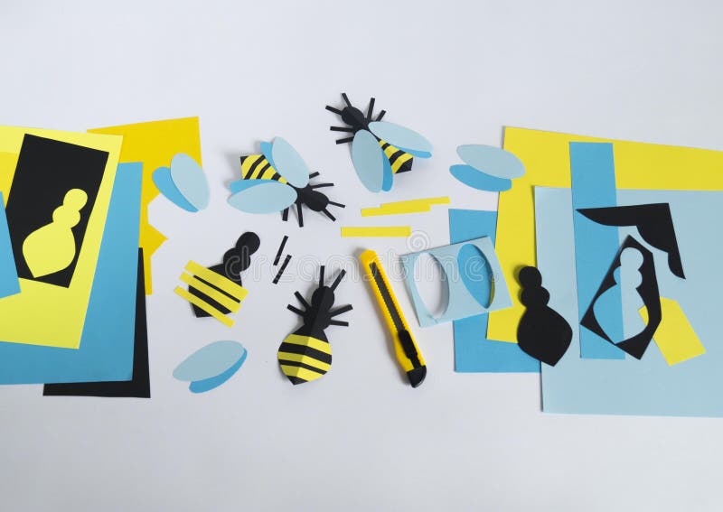 Creativity with children. Master class on creating bees from paper. Application of colored paper. School. Kindergarten stock images
