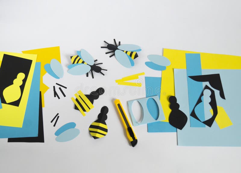 Creativity with children. Master class on creating bees from paper. Application of colored paper. School. Kindergarten royalty free stock photos