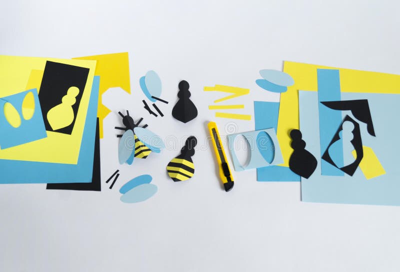 Creativity with children. Master class on creating bees from paper. Application of colored paper. School. Kindergarten royalty free stock image