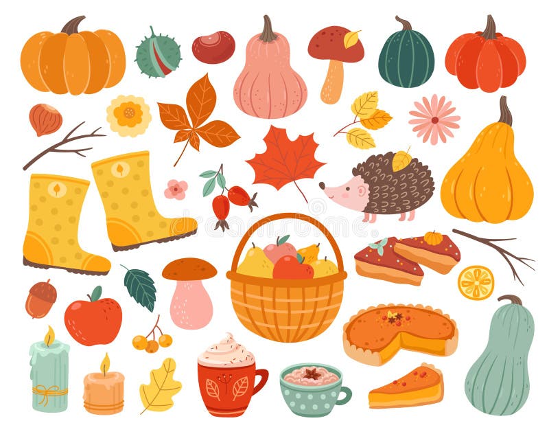 Cute autumn elements. Fall pumpkin, hedgehog november forest leaves. Thanksgiving and harvest season, cozy decoration. Vector illustration. Autumn pumpkin vector illustration
