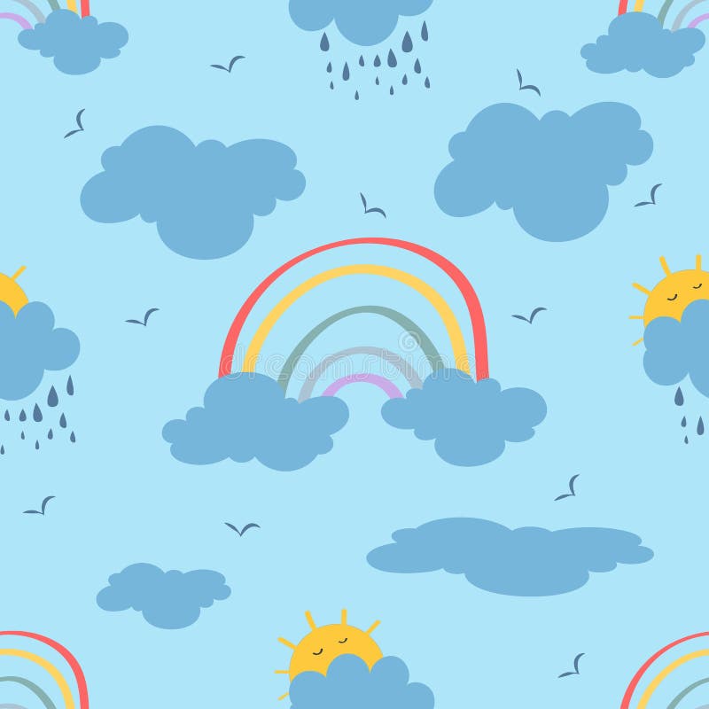 Cute clouds, sun, clouds, rainbow. Style cartoon, seamless Pattern. Vector illustration stock illustration