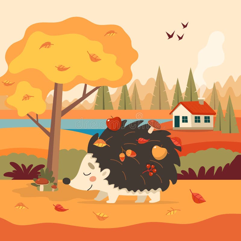 Cute hedgehog with autumn background with tree and a house. Hedgehog with apples, mushrooms and leaves. Seasonal vector. Cute hedgehog with autumn background stock illustration