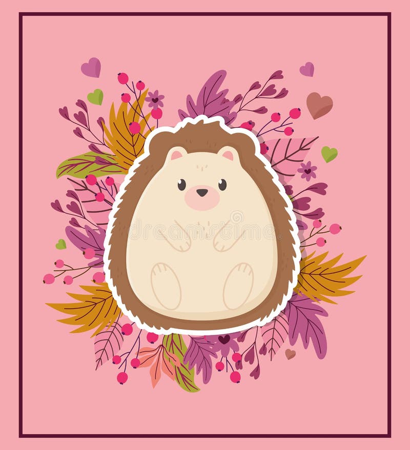 Cute hedgehog foliage leaves sticker hello autumn. Vector illustration vector illustration