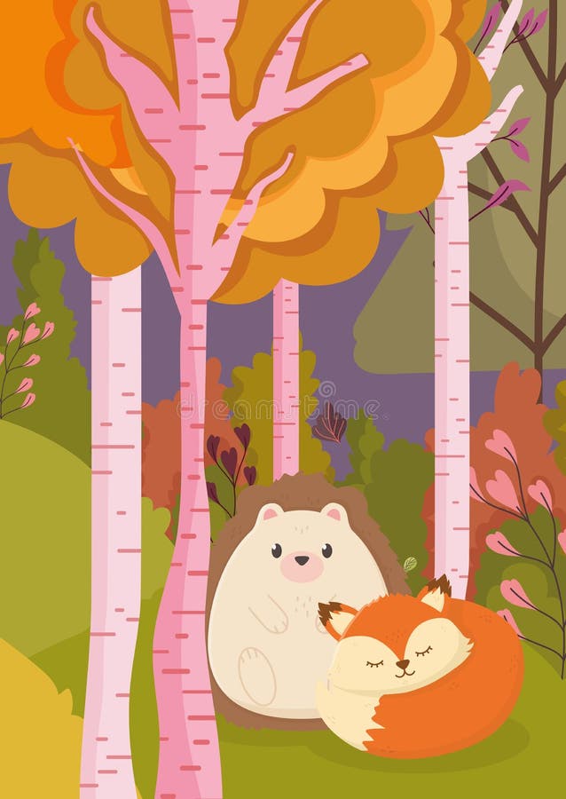 Cute hedgehog and fox trees forest park hello autumn. Vector illustration stock illustration