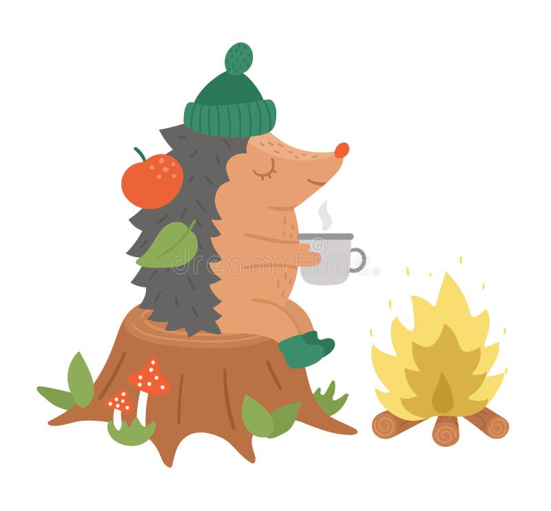 Cute hedgehog sitting on the stump with hot tea near the fire. Vector autumn character isolated on white background. Fall season. Woodland animal icon.  Funny royalty free illustration
