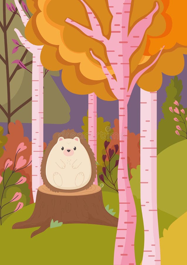 Cute hedgehog on trunk forest hello autumn. Cute hedgehog on trunk forest trees bushy leaves hello autumn vector illustration stock illustration