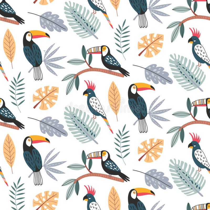 Cute vector seamless pattern with exotic birds, parrot, toucan and tropical plants. Endless background in childish style for fabric, textile, kids design royalty free illustration