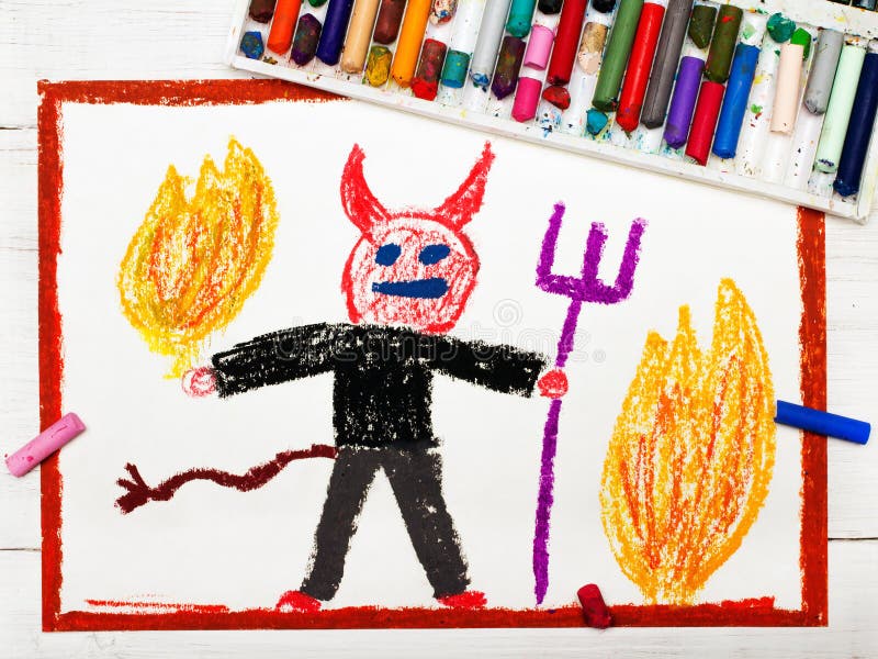 Drawing: scary devil with pitchfork. Colorful drawing: scary devil with pitchfork royalty free stock image