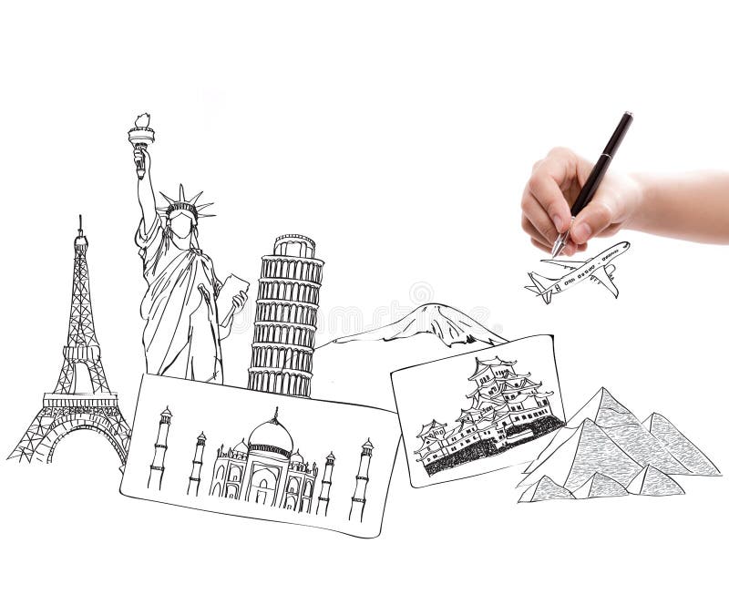 Drawing travel around the world. (Japan,France,Italy,New York,India,egypt royalty free stock photos