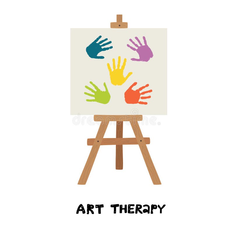 Easel with canvas painted with children handprints. Art therapy. Vector illustration isolated on white background vector illustration