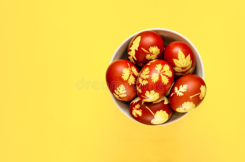 Easter eggs dyed with onion peels with pattern of fresh leaves in white bowl on yellow background. Mockup of Easter card. Easter eggs dyed with onion peels with stock image