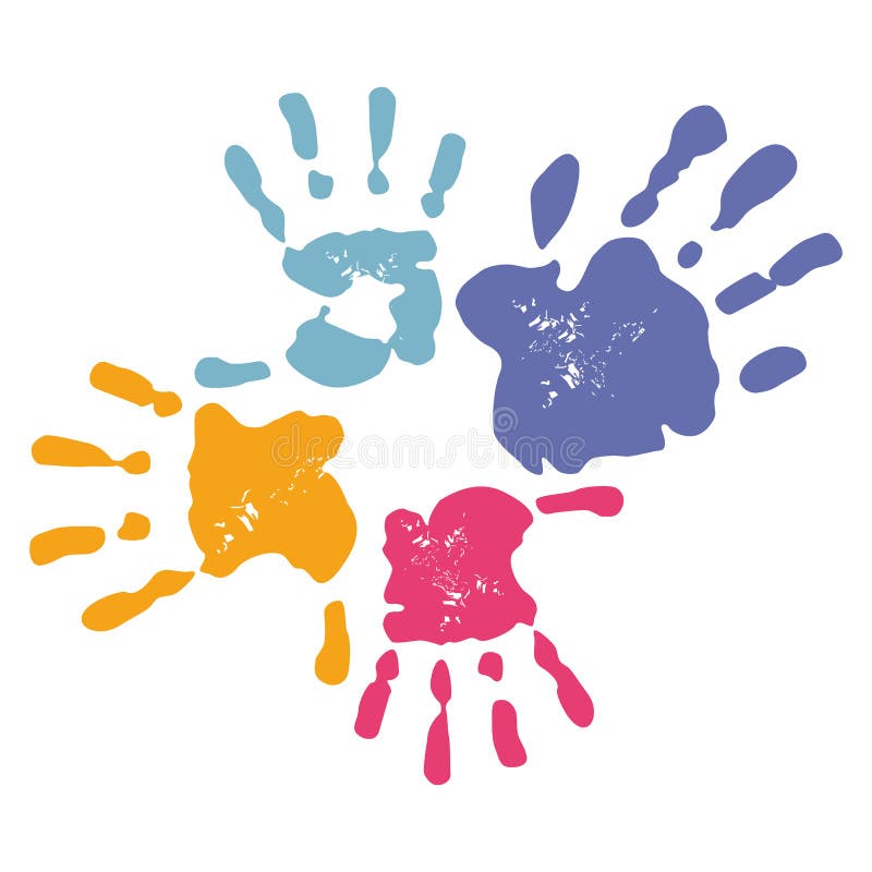 Family handprints. Four colorful handprints, on a white background, to represent a family stock illustration