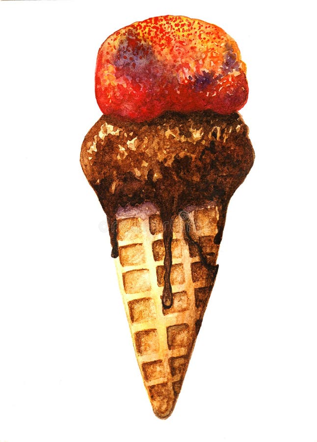 Fantastic chocolate ice cream cone. Watercolor tasty chocolate ice cream cone isolated on white background. Hand painted food illustration stock photos