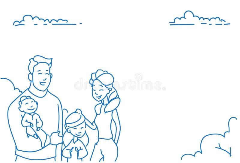 Father mother two children baby son daughter happy family concept sketch doodle hand drawn portrait horizontal. Vector illustration royalty free illustration