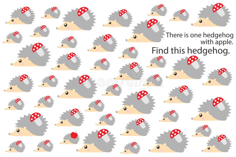 Find hedgehog with apple, fun education puzzle game with autumn theme for children, preschool worksheet activity for kids, task fo. R the development of logical vector illustration