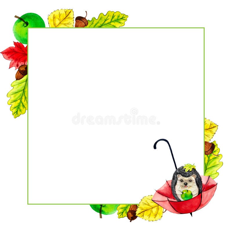 Frame. hedgehog, umbrella and autumn leaves. watercolor. Illustration watercolor. frame. hedgehog, red umbrella, green apple and autumn leaves vector illustration