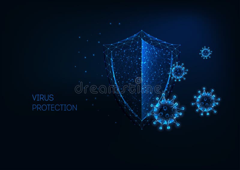 Futuristic virus protection concept with glowing low polygonal shield and virus cells. Futuristic virus protection concept with glowing low polygonal shield and vector illustration