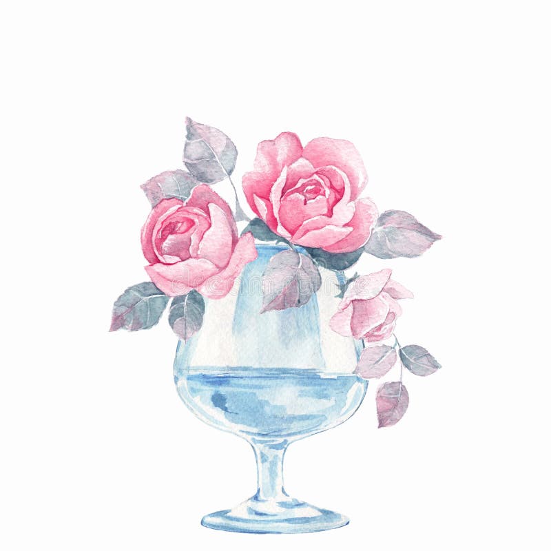 Glass vase with flowers. Watercolor stock illustration