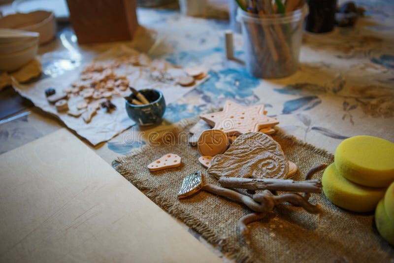 Clay blanks for children`s creativity at the master class in eco-Park. Layout on the table. Golitsyno, Kaluga, Russia-may 18, 2019. Clay blanks for children`s royalty free stock images